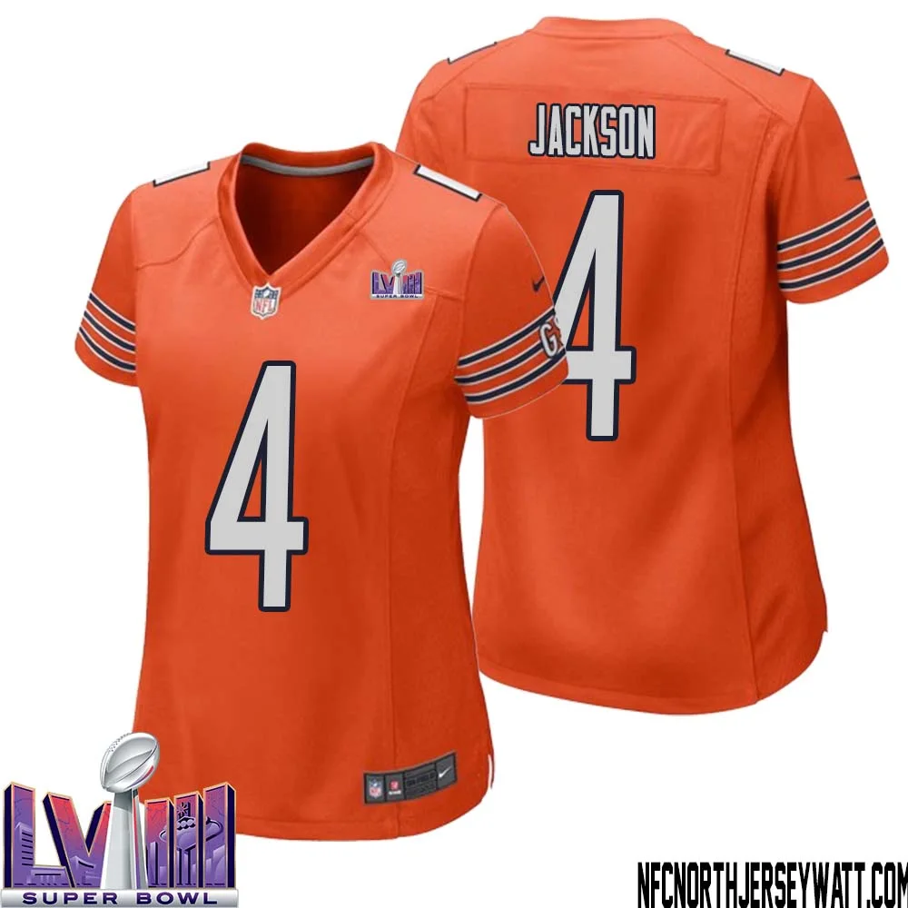 Eddie Jackson No 4 Chicago Bears Super Bowl LVIII Alternate Game Jersey Orange for Women