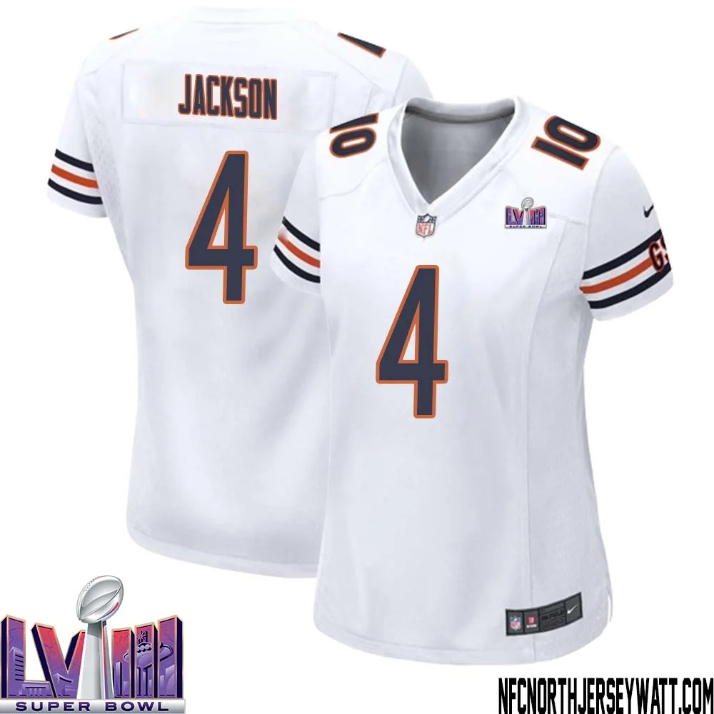 Eddie Jackson No 4 Chicago Bears Super Bowl LVIII Away Game Jersey White for Women 1