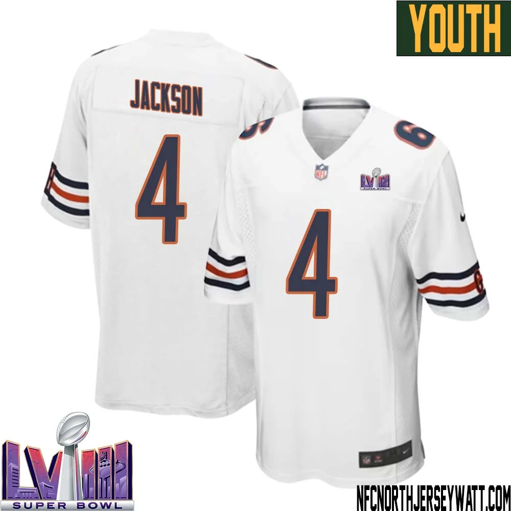 Eddie Jackson No 4 Chicago Bears Super Bowl LVIII Away Game Jersey White for Youth