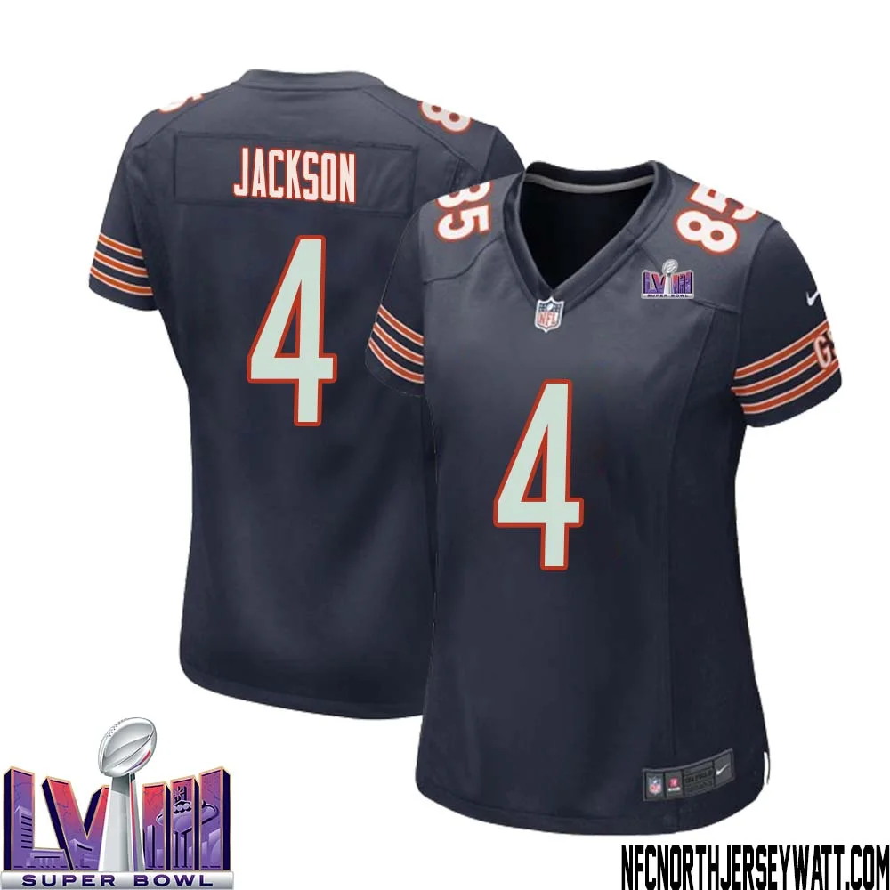 Eddie Jackson No 4 Chicago Bears Super Bowl LVIII Home Game Jersey Navy for Women 1