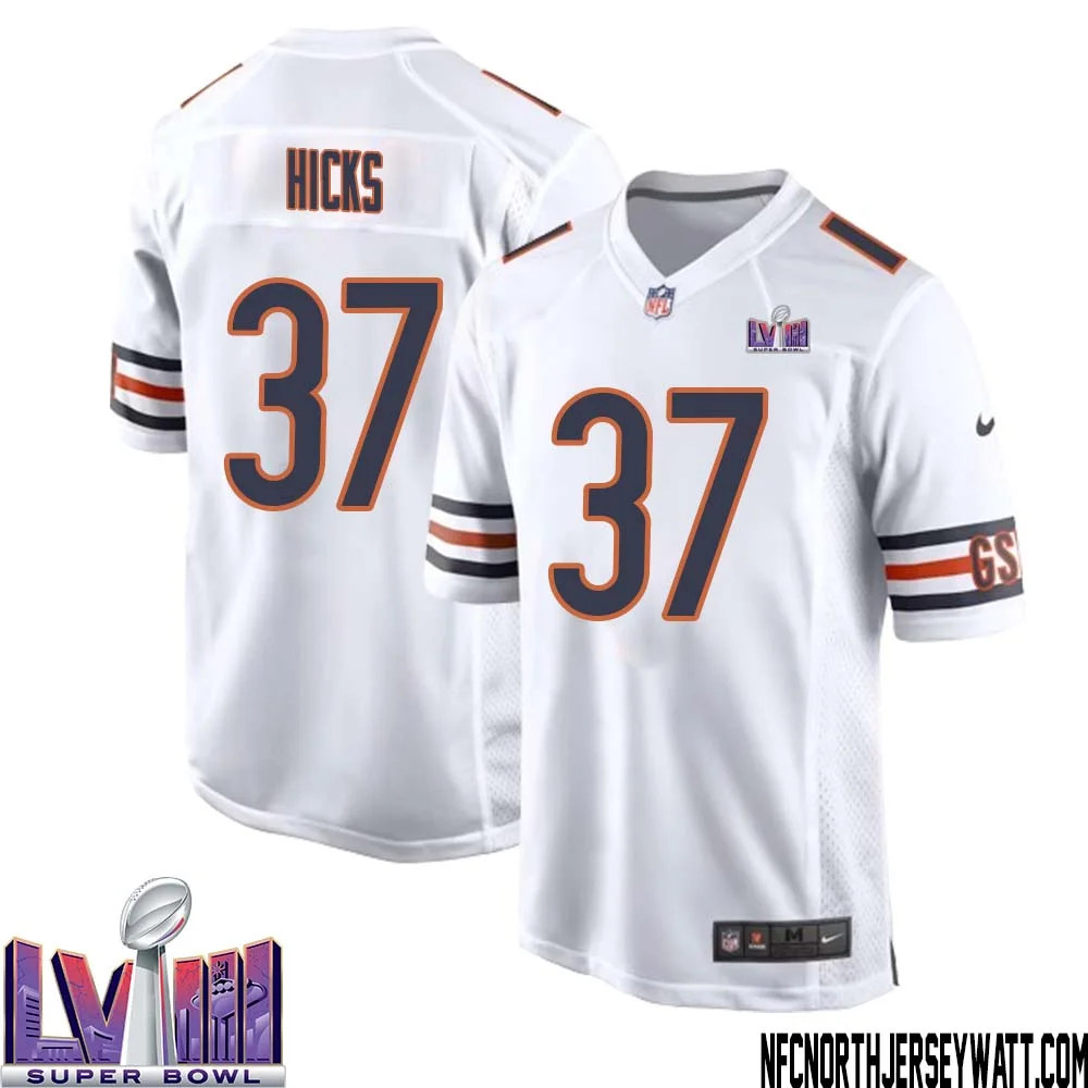 Elijah Hicks No 37 Chicago Bears Super Bowl LVIII Away Game Jersey White for Men