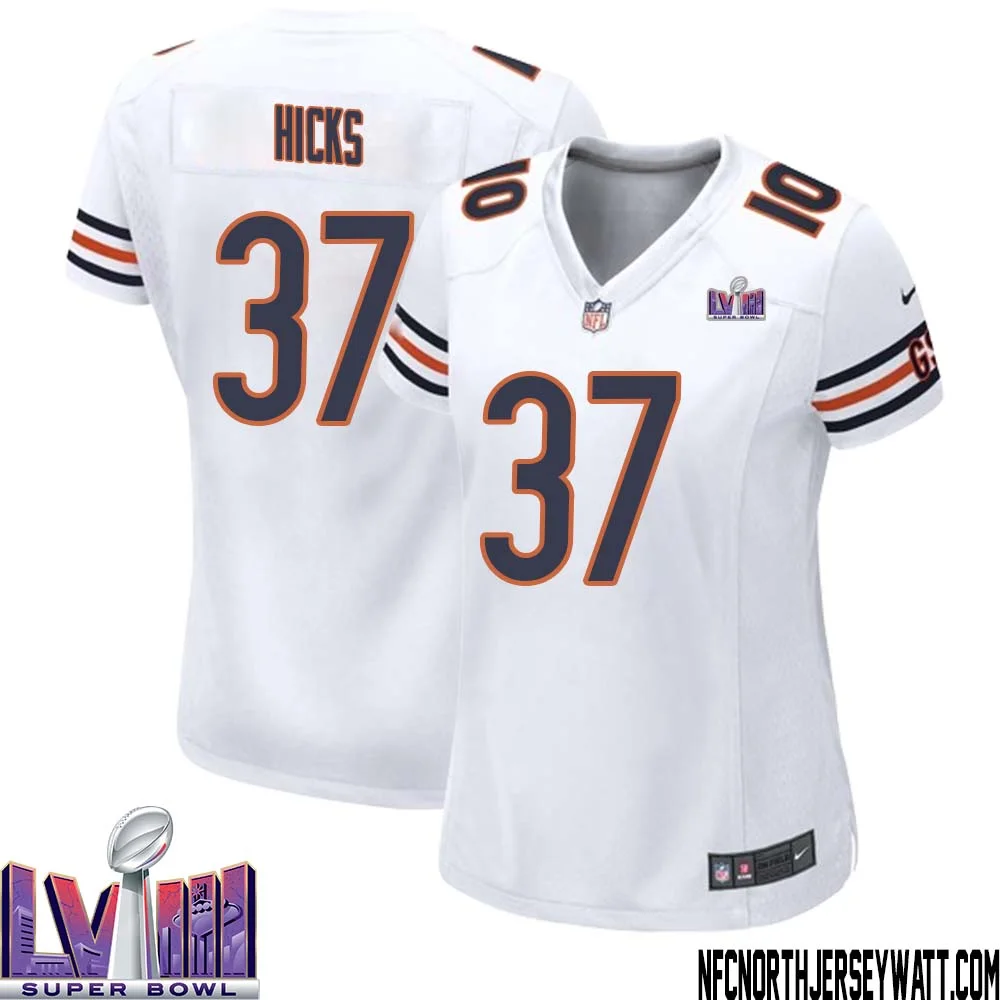Elijah Hicks No 37 Chicago Bears Super Bowl LVIII Away Game Jersey White for Women