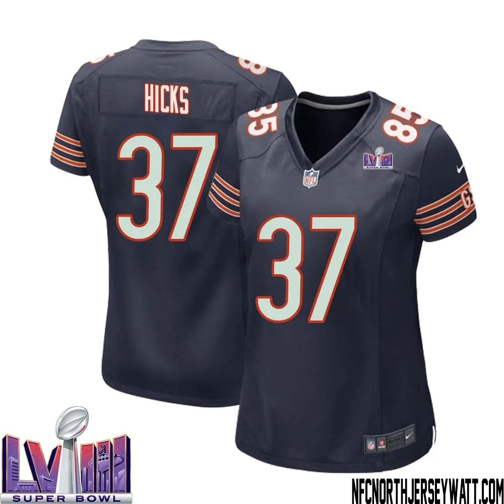 Elijah Hicks No 37 Chicago Bears Super Bowl LVIII Home Game Jersey Navy for Women 1
