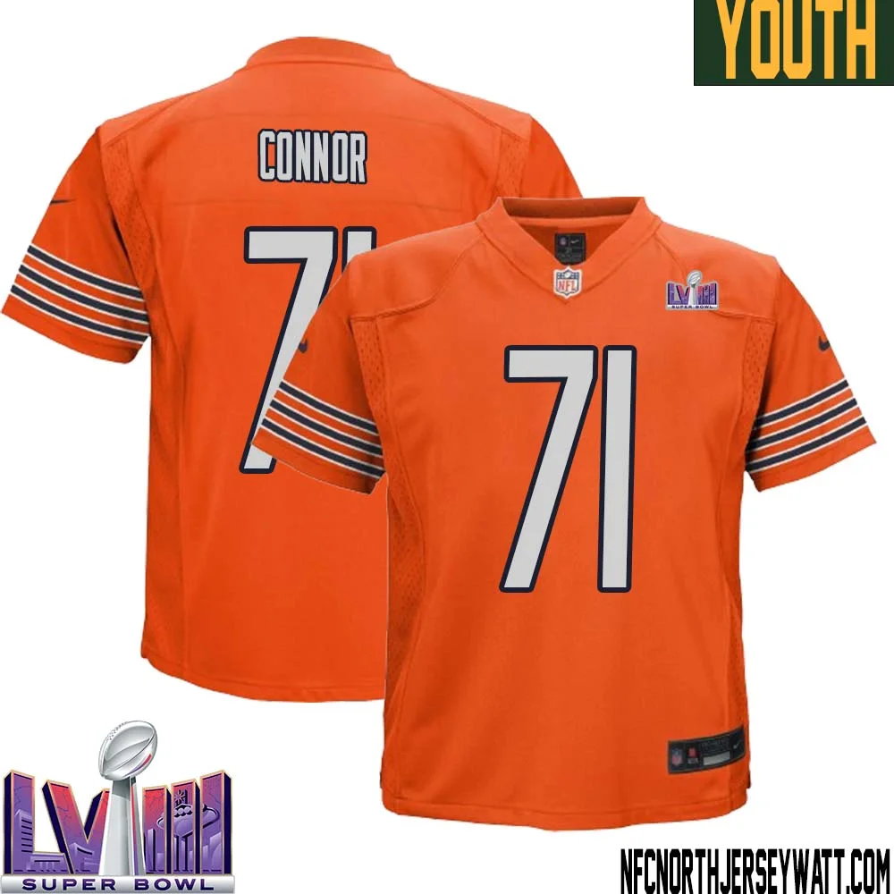 George Connor No 71 Chicago Bears Super Bowl LVIII Alternate Game Jersey Orange for Youth