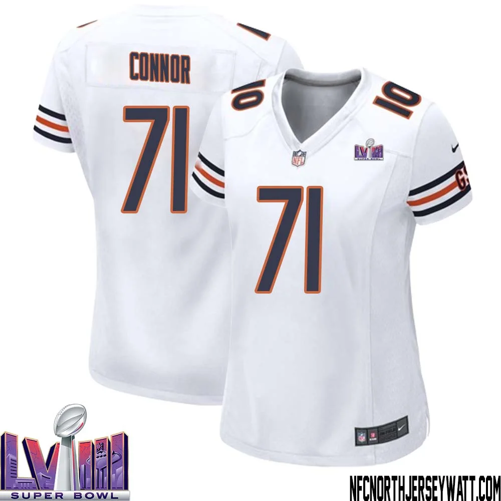 George Connor No 71 Chicago Bears Super Bowl LVIII Away Game Jersey White for Women 1