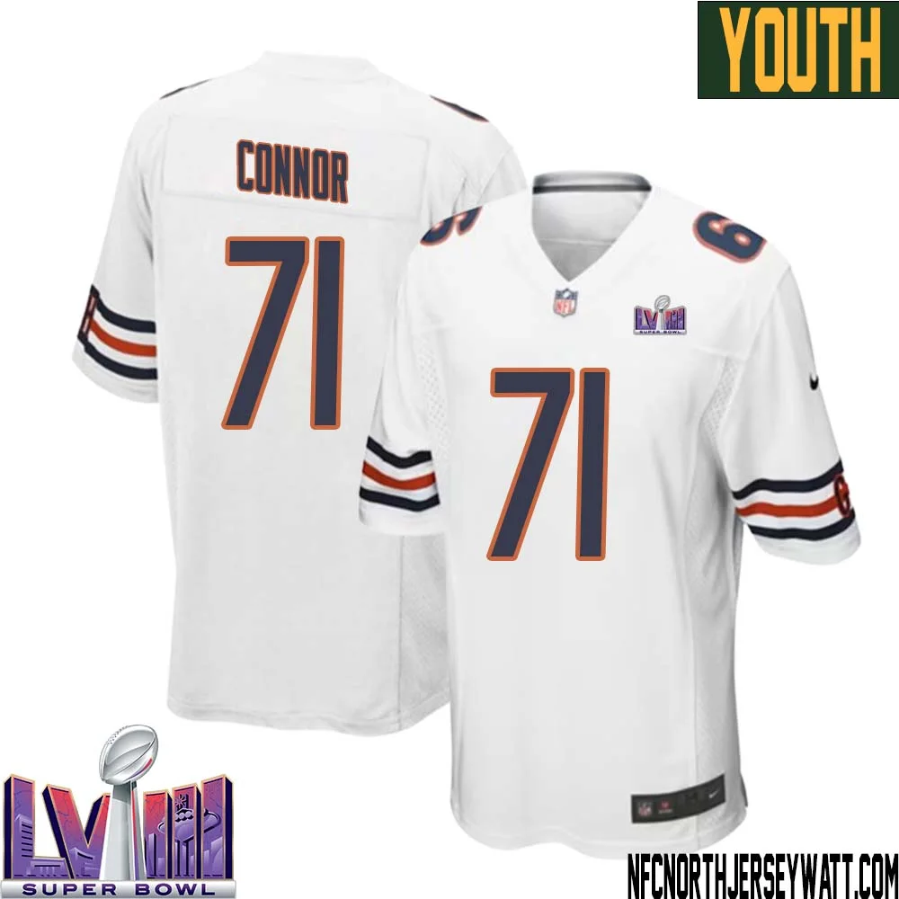 George Connor No 71 Chicago Bears Super Bowl LVIII Away Game Jersey White for Youth