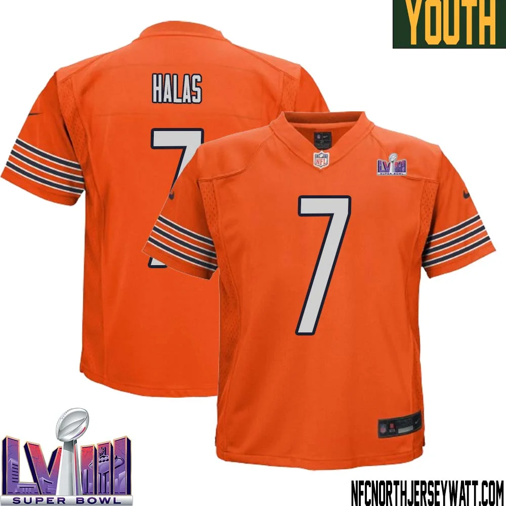 George Halas No 7 Chicago Bears Super Bowl LVIII Alternate Game Jersey Orange for Youth