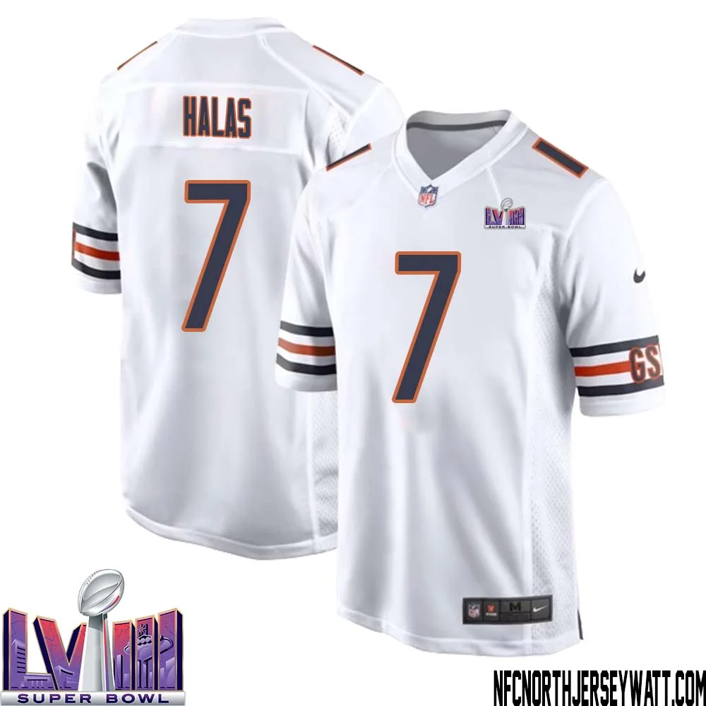 George Halas No 7 Chicago Bears Super Bowl LVIII Away Game Jersey White for Men 1