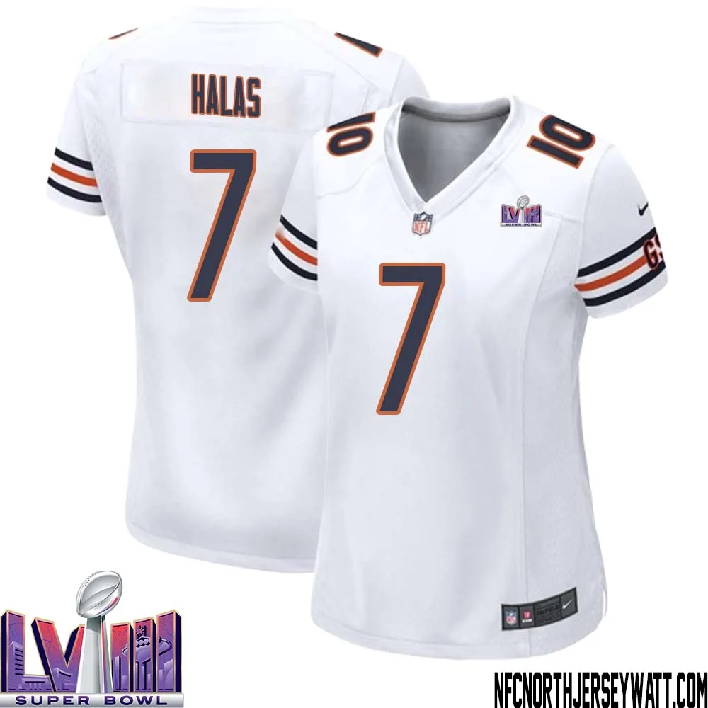 George Halas No 7 Chicago Bears Super Bowl LVIII Away Game Jersey White for Women 1