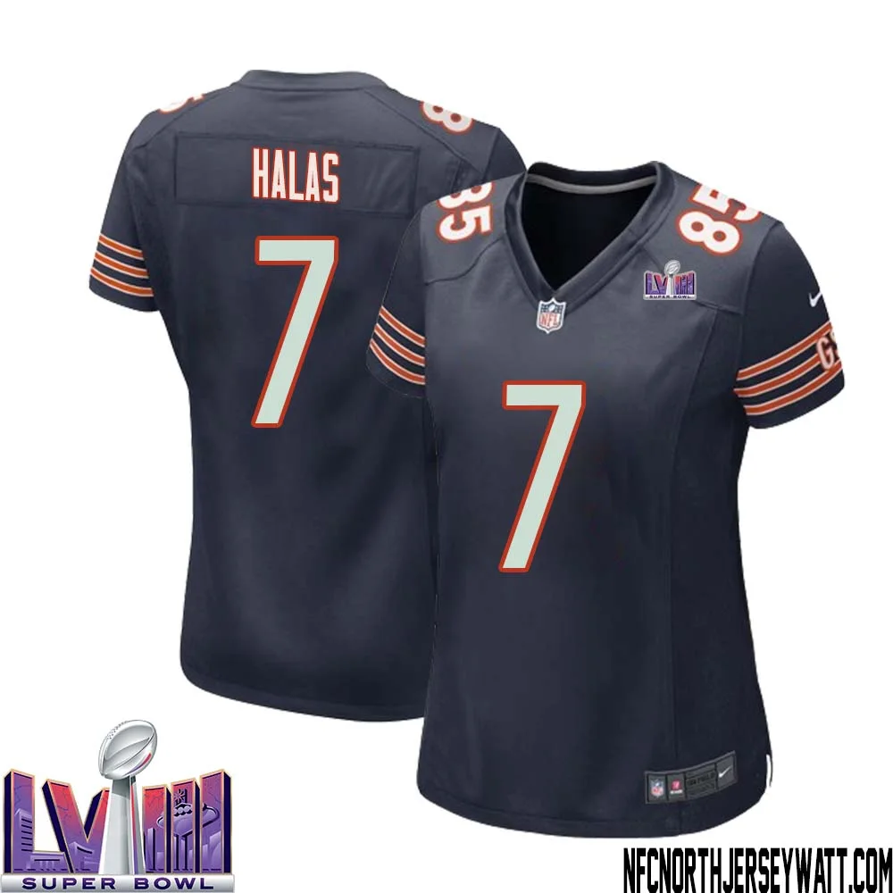George Halas No 7 Chicago Bears Super Bowl LVIII Home Game Jersey Navy for Women 1