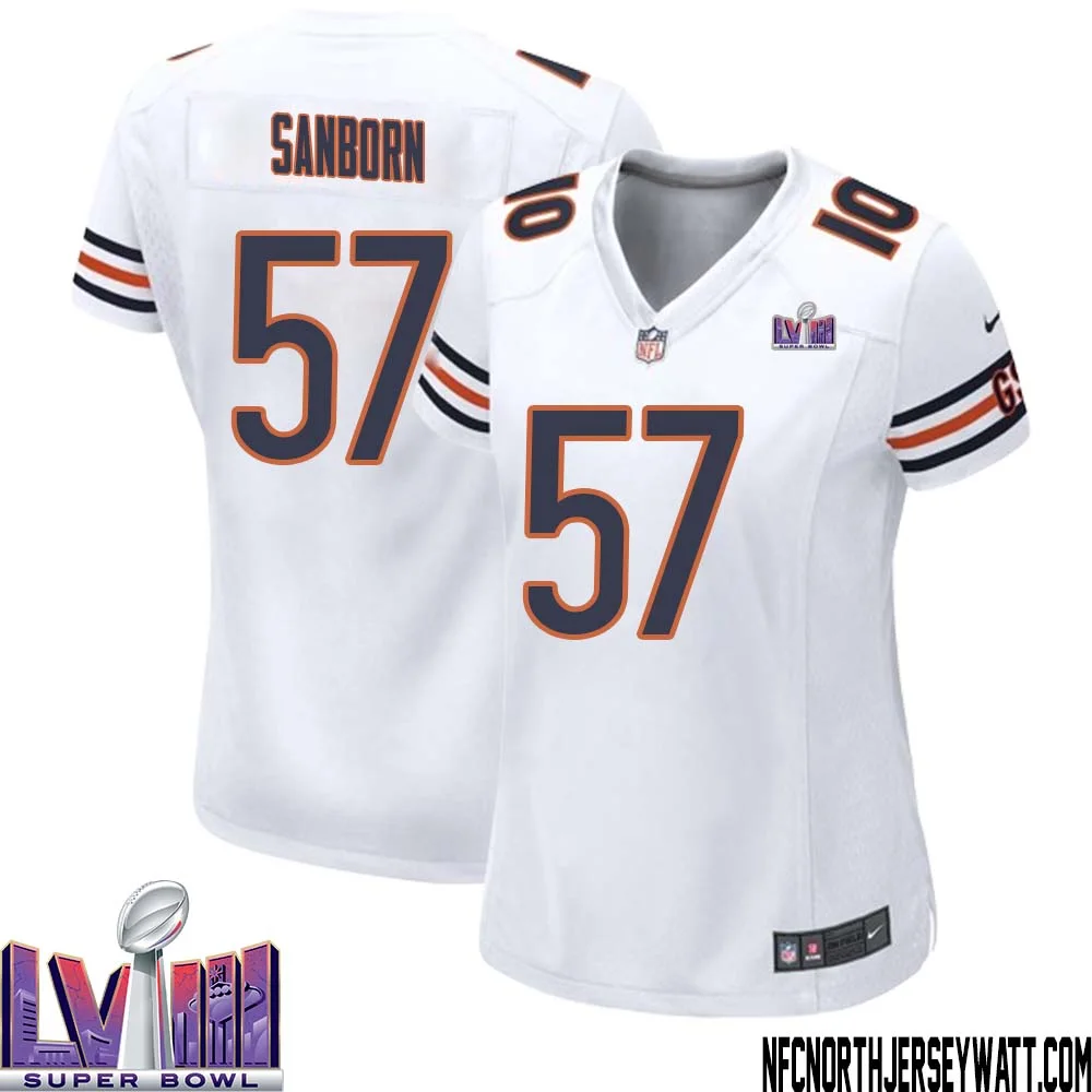 Jack Sanborn No 57 Chicago Bears Super Bowl LVIII Away Game Jersey White for Women
