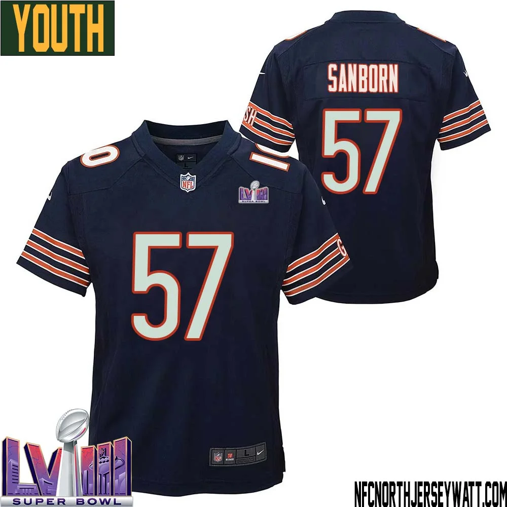 Jack Sanborn No 57 Chicago Bears Super Bowl LVIII Home Game Jersey Navy for Youth