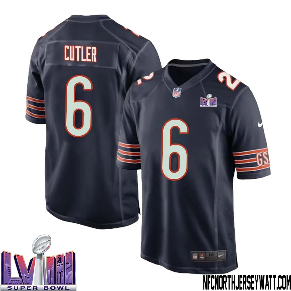 Jay Cutler No 6 Chicago Bears Super Bowl LVIII Home Game Jersey Navy for Men
