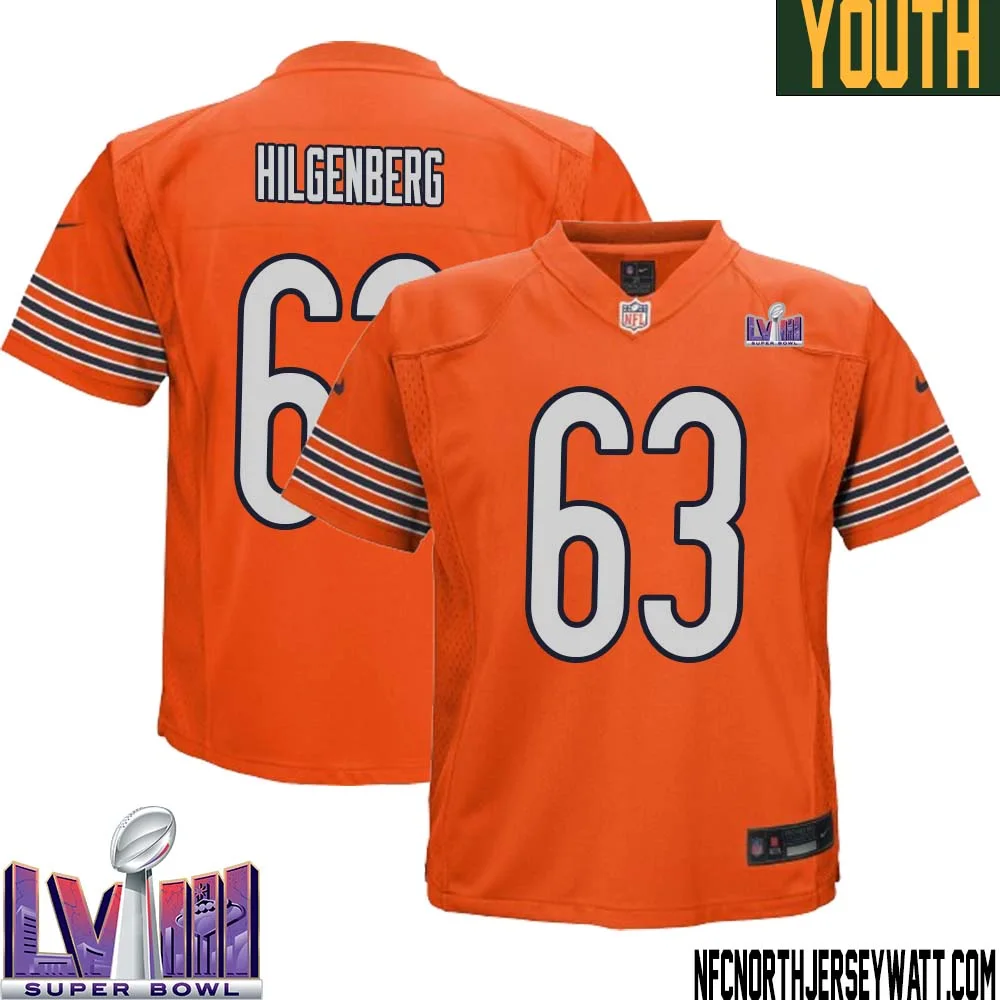 Jay Hilgenberg No 63 Chicago Bears Super Bowl LVIII Alternate Game Jersey Orange for Youth