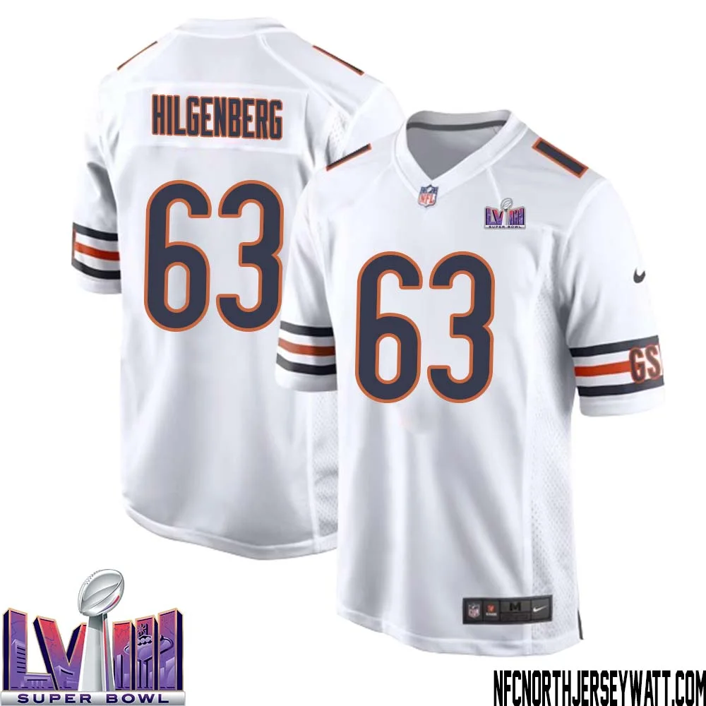 Jay Hilgenberg No 63 Chicago Bears Super Bowl LVIII Away Game Jersey White for Men 1