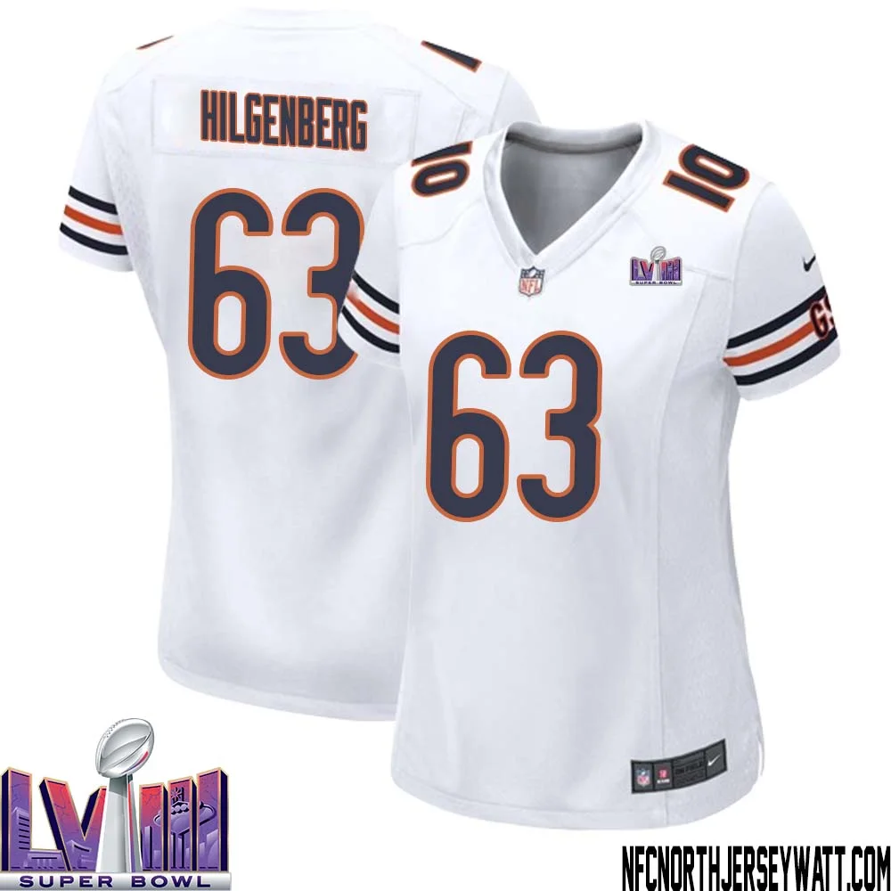 Jay Hilgenberg No 63 Chicago Bears Super Bowl LVIII Away Game Jersey White for Women 1