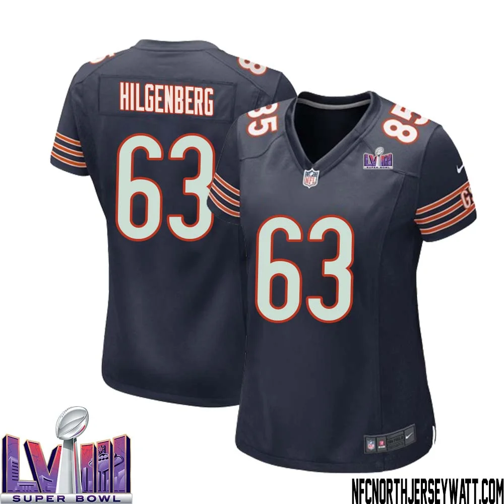 Jay Hilgenberg No 63 Chicago Bears Super Bowl LVIII Home Game Jersey Navy for Women