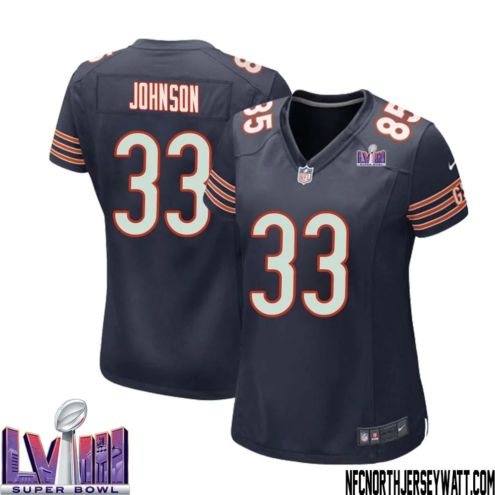 Jaylon Johnson No 33 Chicago Bears Super Bowl LVIII Home Game Jersey Navy for Women 1