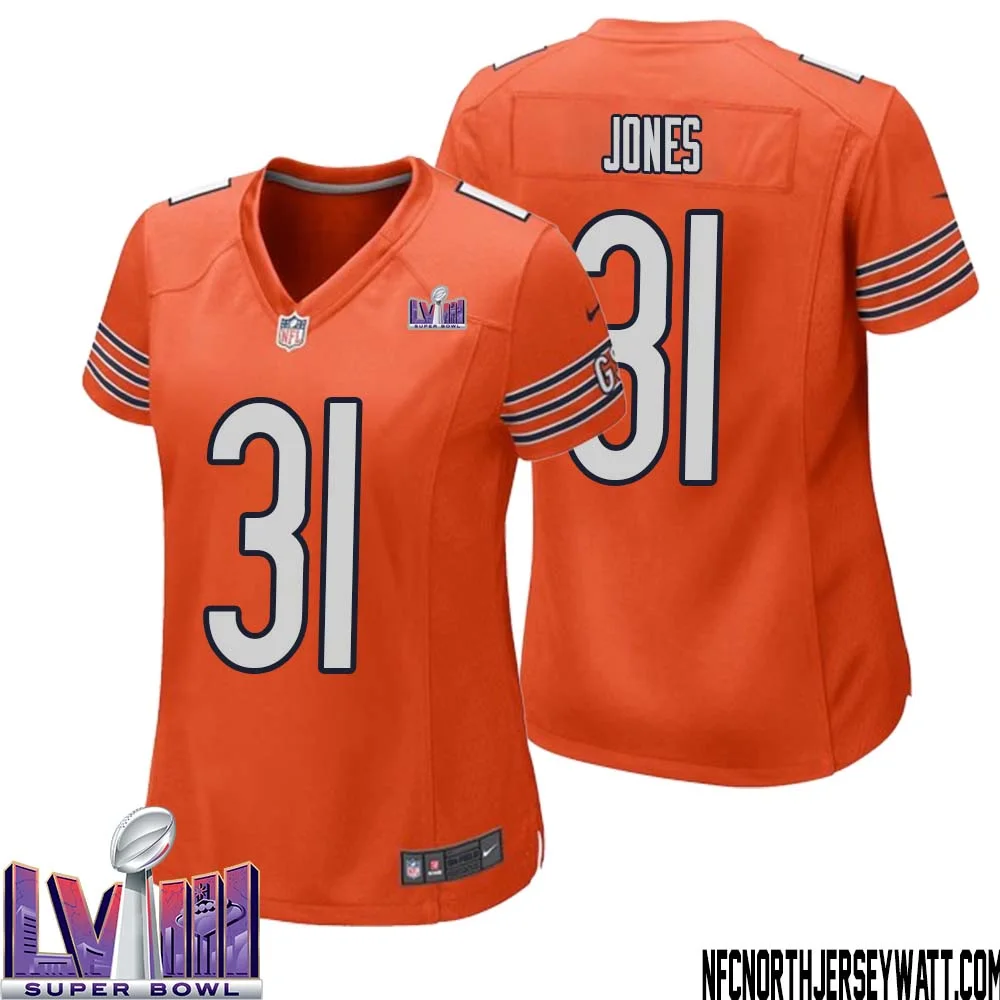 Jaylon Jones No 31 Chicago Bears Super Bowl LVIII Alternate Game Jersey Orange for Women 1