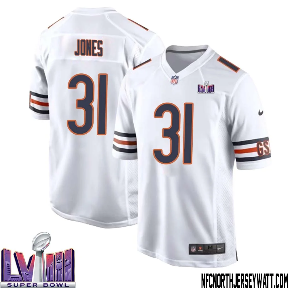 Jaylon Jones No 31 Chicago Bears Super Bowl LVIII Away Game Jersey White for Men