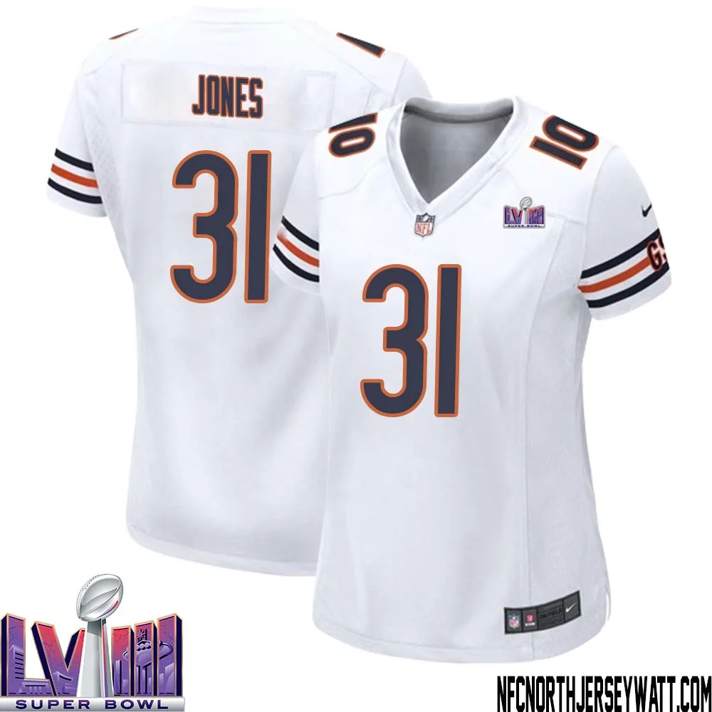 Jaylon Jones No 31 Chicago Bears Super Bowl LVIII Away Game Jersey White for Women