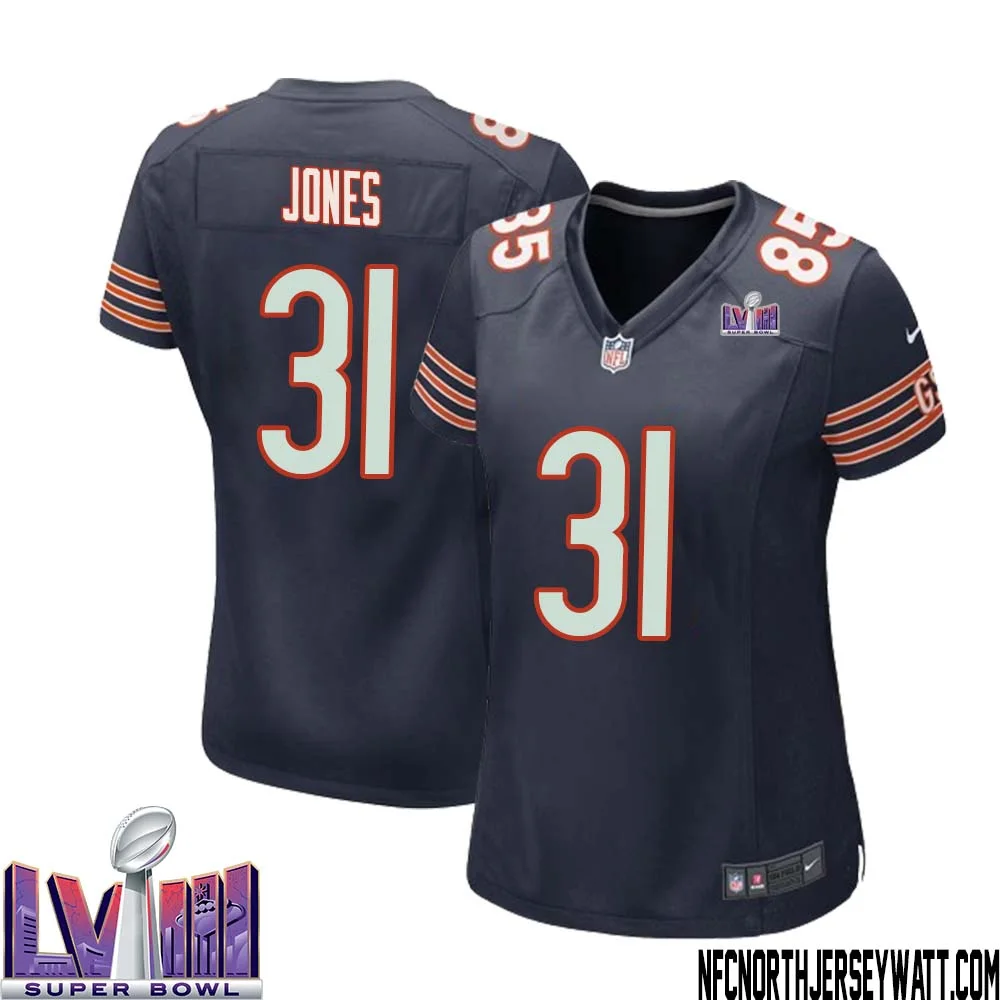 Jaylon Jones No 31 Chicago Bears Super Bowl LVIII Home Game Jersey Navy for Women 1