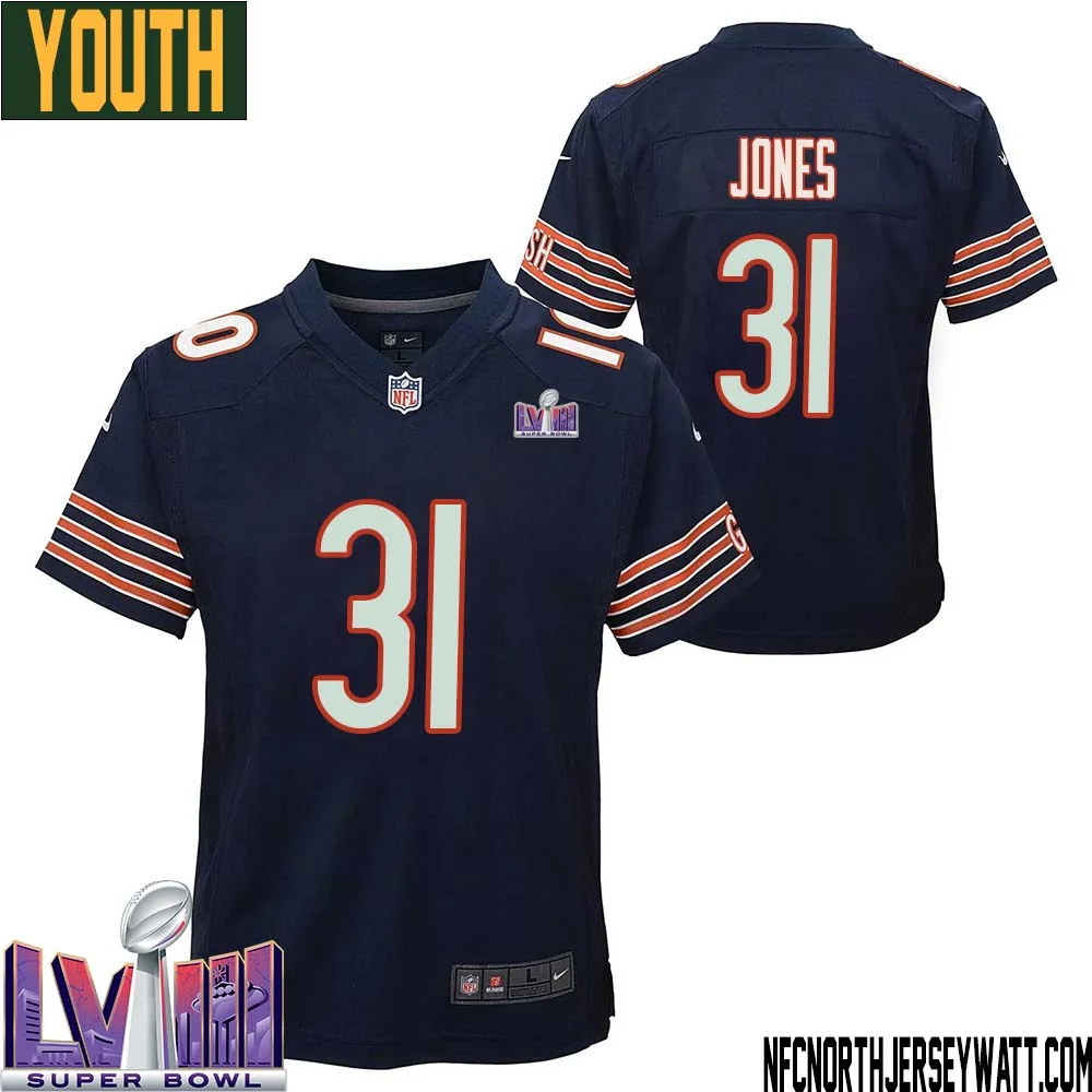 Jaylon Jones No 31 Chicago Bears Super Bowl LVIII Home Game Jersey Navy for Youth