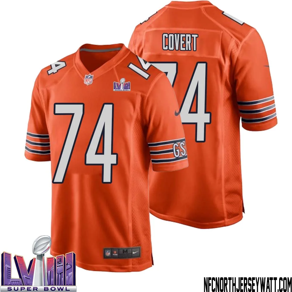 Jim Covert No 74 Chicago Bears Super Bowl LVIII Alternate Game Jersey Orange for Men