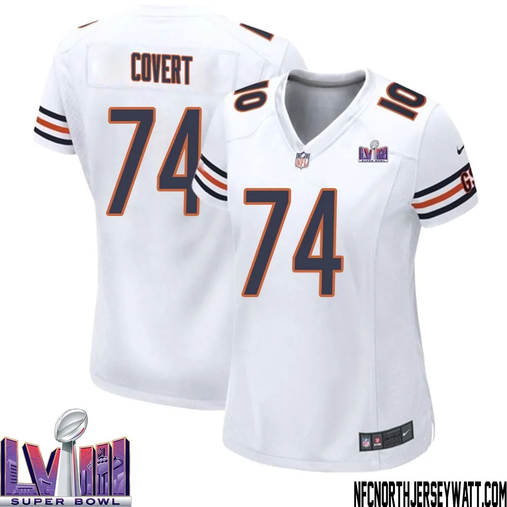 Jim Covert No 74 Chicago Bears Super Bowl LVIII Away Game Jersey White for Women 1