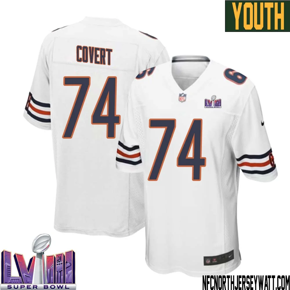 Jim Covert No 74 Chicago Bears Super Bowl LVIII Away Game Jersey White for Youth