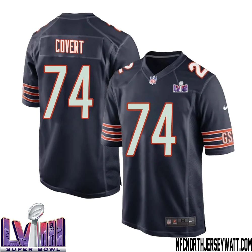 Jim Covert No 74 Chicago Bears Super Bowl LVIII Home Game Jersey Navy for Men 1