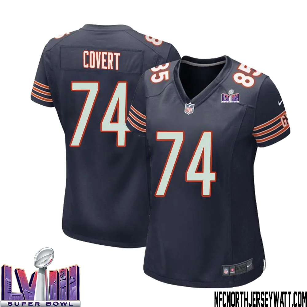 Jim Covert No 74 Chicago Bears Super Bowl LVIII Home Game Jersey Navy for Women
