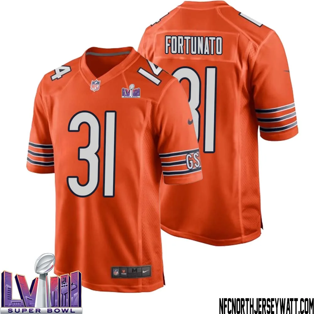 Joe Fortunato No 31 Chicago Bears Super Bowl LVIII Alternate Game Jersey Orange for Men