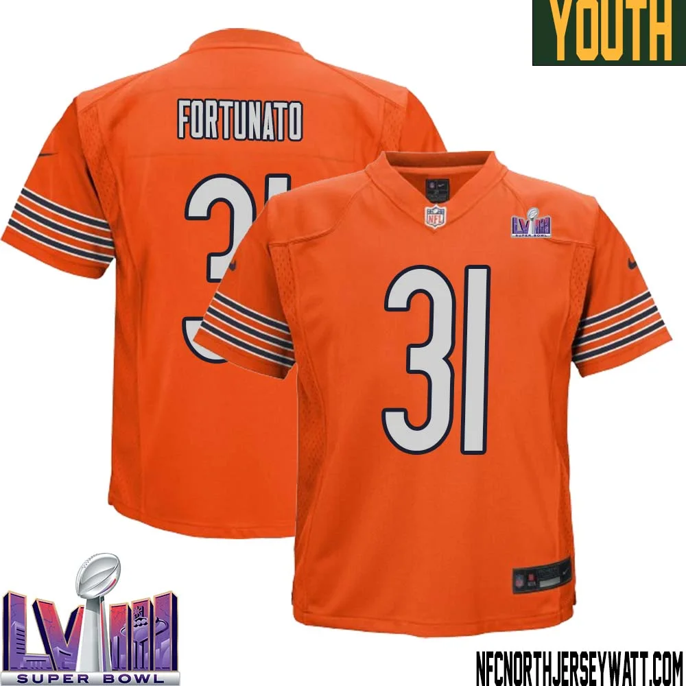 Joe Fortunato No 31 Chicago Bears Super Bowl LVIII Alternate Game Jersey Orange for Youth