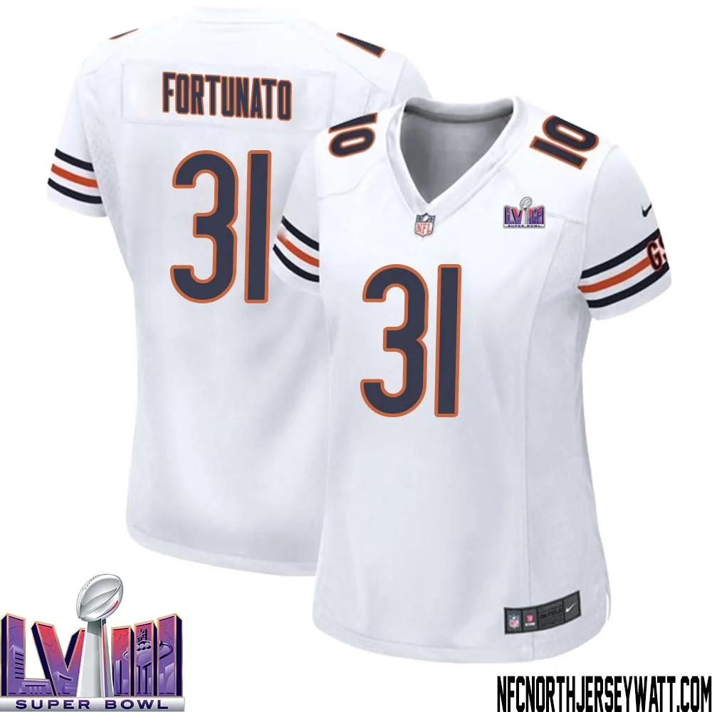 Joe Fortunato No 31 Chicago Bears Super Bowl LVIII Away Game Jersey White for Women 1