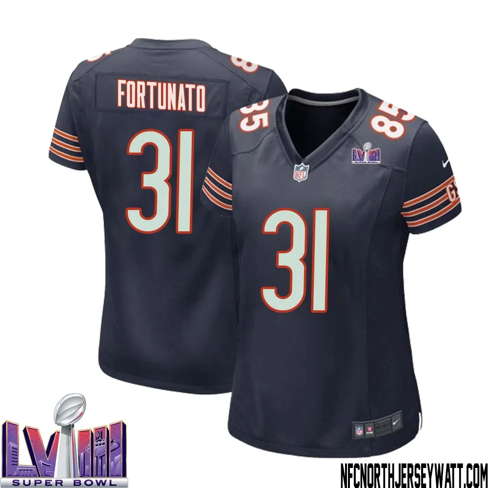 Joe Fortunato No 31 Chicago Bears Super Bowl LVIII Home Game Jersey Navy for Women 1