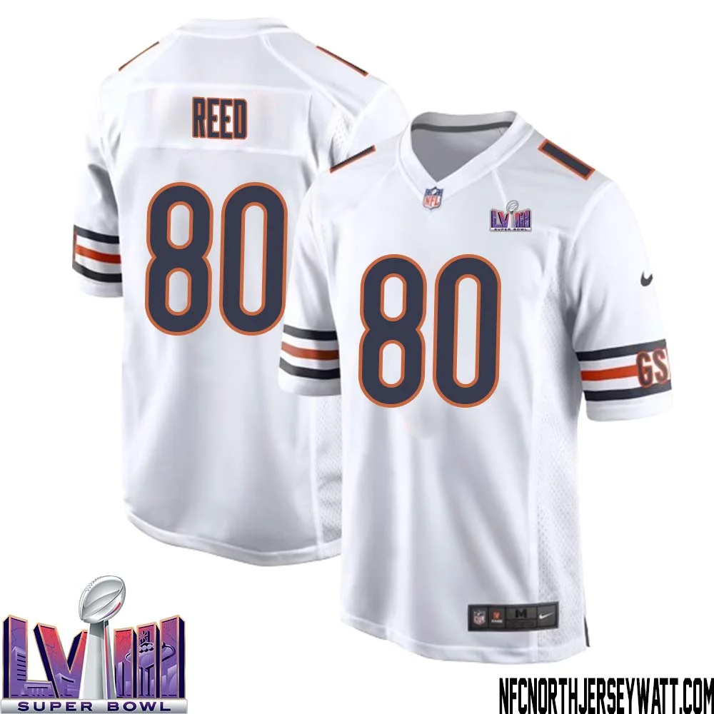 Joe Reed No 80 Chicago Bears Super Bowl LVIII Away Game Jersey White for Men