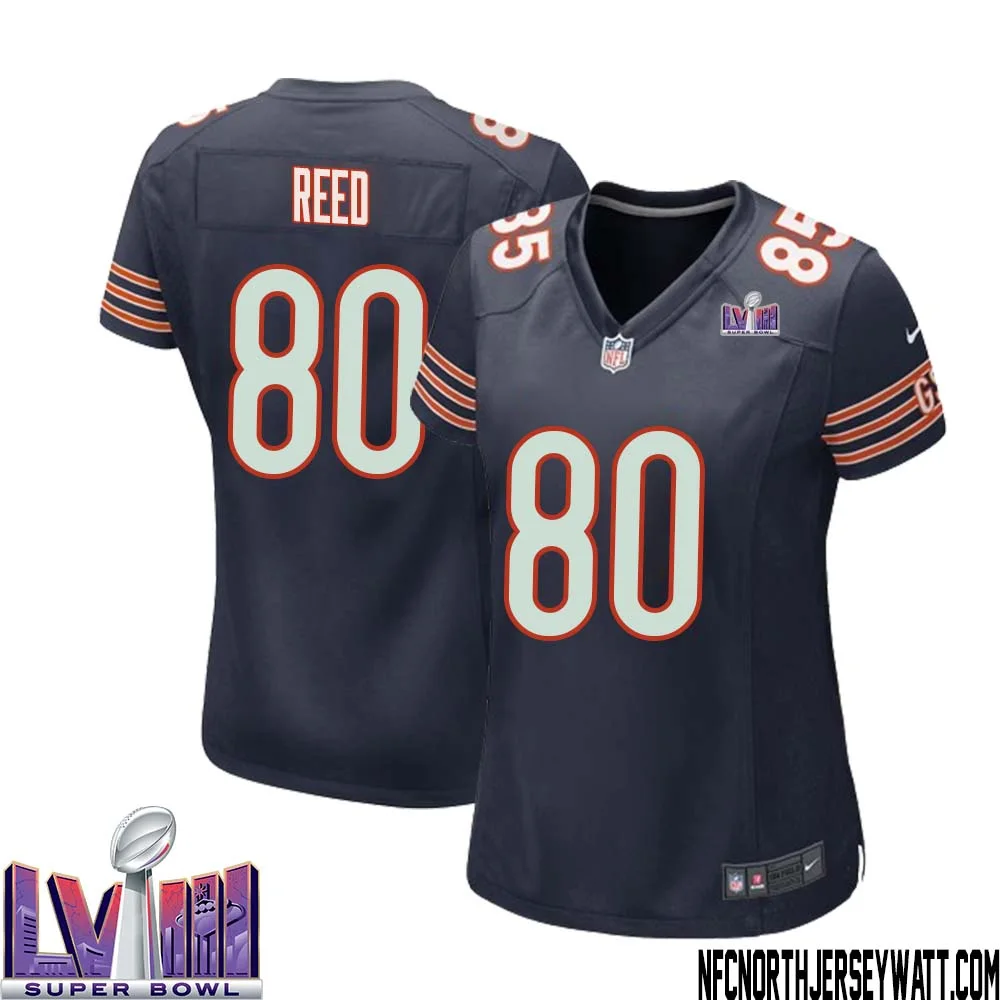 Joe Reed No 80 Chicago Bears Super Bowl LVIII Home Game Jersey Navy for Women 1