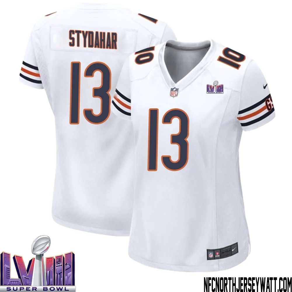 Joe Stydahar No 13 Chicago Bears Super Bowl LVIII Away Game Jersey White for Women 1