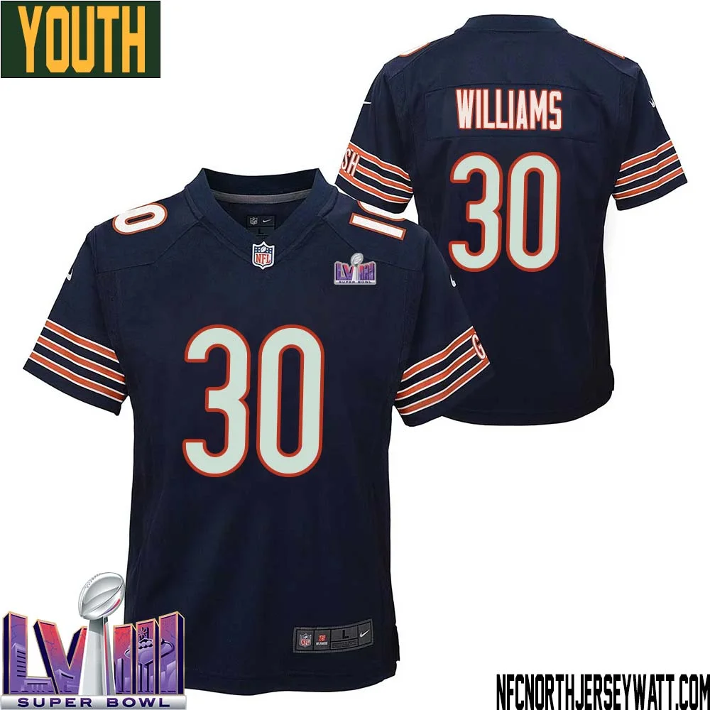 Joejuan Williams No 30 Chicago Bears Super Bowl LVIII Home Game Jersey Navy for Youth