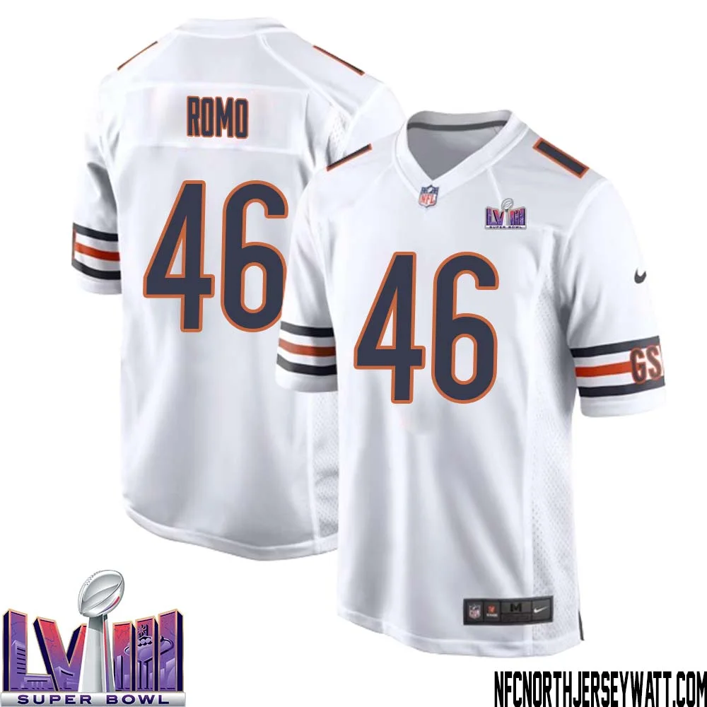 John Parker Romo No 46 Chicago Bears Super Bowl LVIII Away Game Jersey White for Men