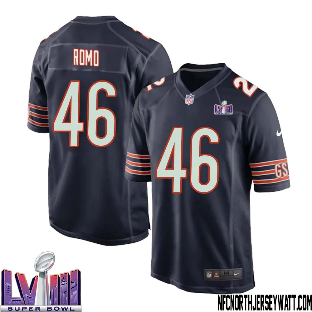 John Parker Romo No 46 Chicago Bears Super Bowl LVIII Home Game Jersey Navy for Men 1
