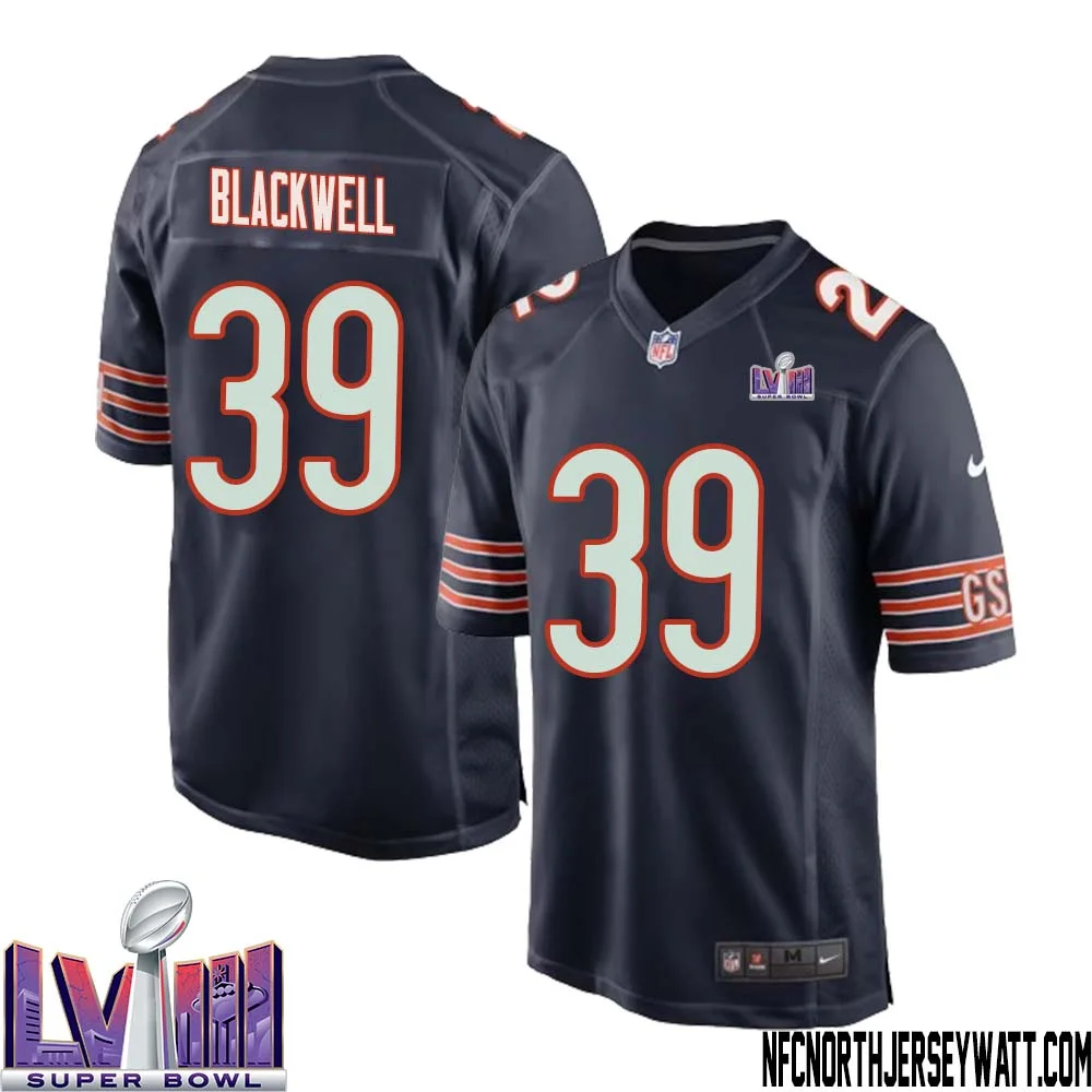Josh Blackwell No 39 Chicago Bears Super Bowl LVIII Home Game Jersey Navy for Men 1