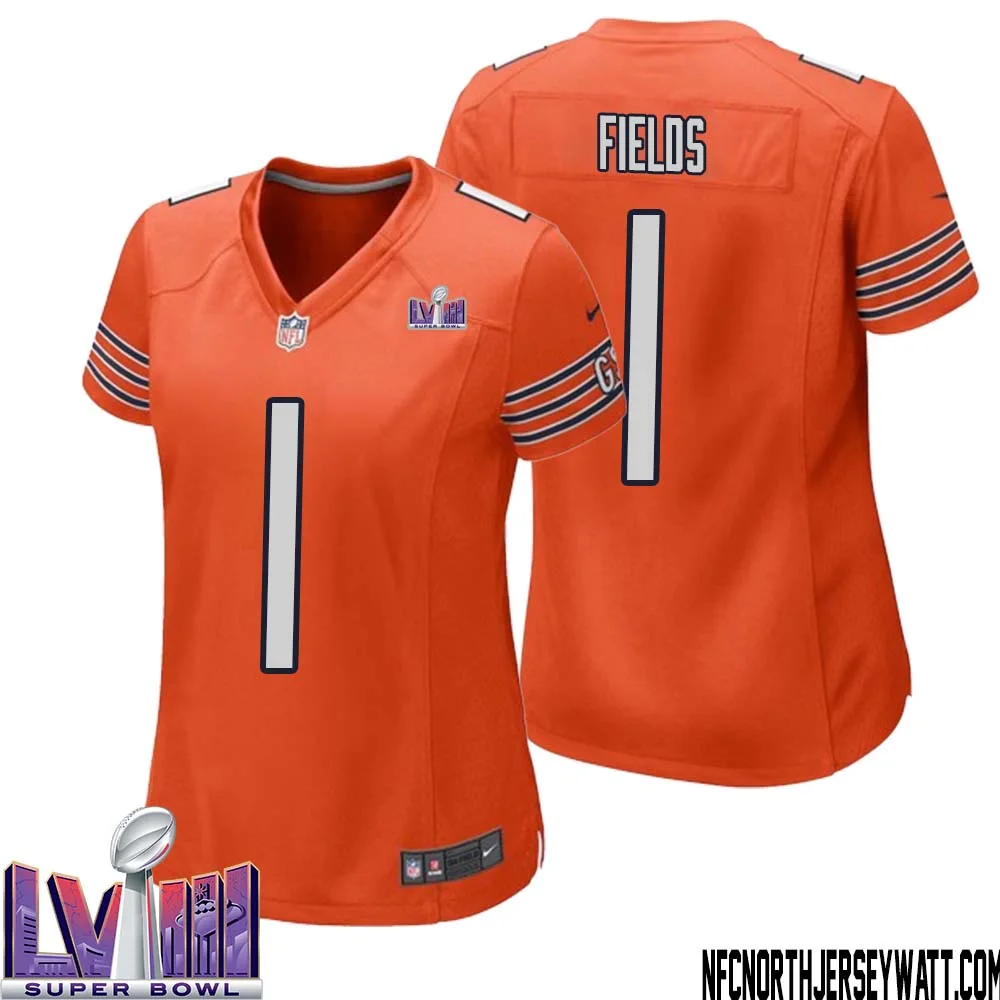 Justin Fields No 1 Chicago Bears Super Bowl LVIII Alternate Game Jersey Orange for Women 1