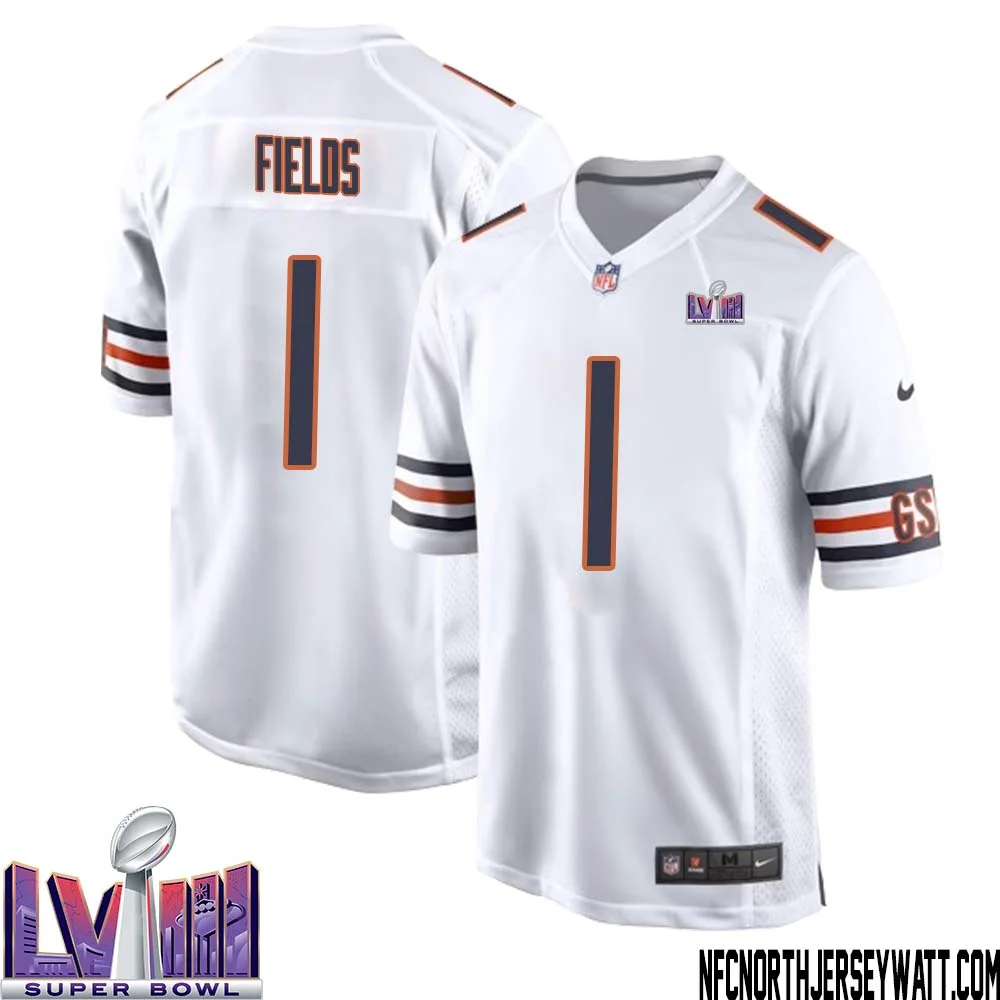 Justin Fields No 1 Chicago Bears Super Bowl LVIII Away Game Jersey White for Men