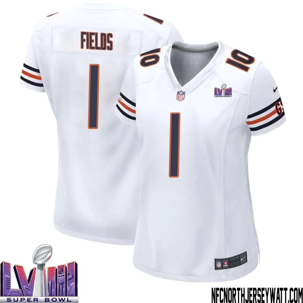 Justin Fields No 1 Chicago Bears Super Bowl LVIII Away Game Jersey White for Women