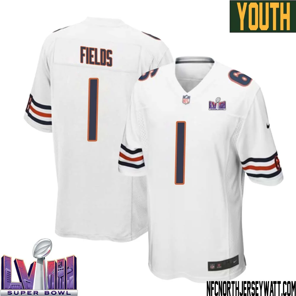 Justin Fields No 1 Chicago Bears Super Bowl LVIII Away Game Jersey White for Youth