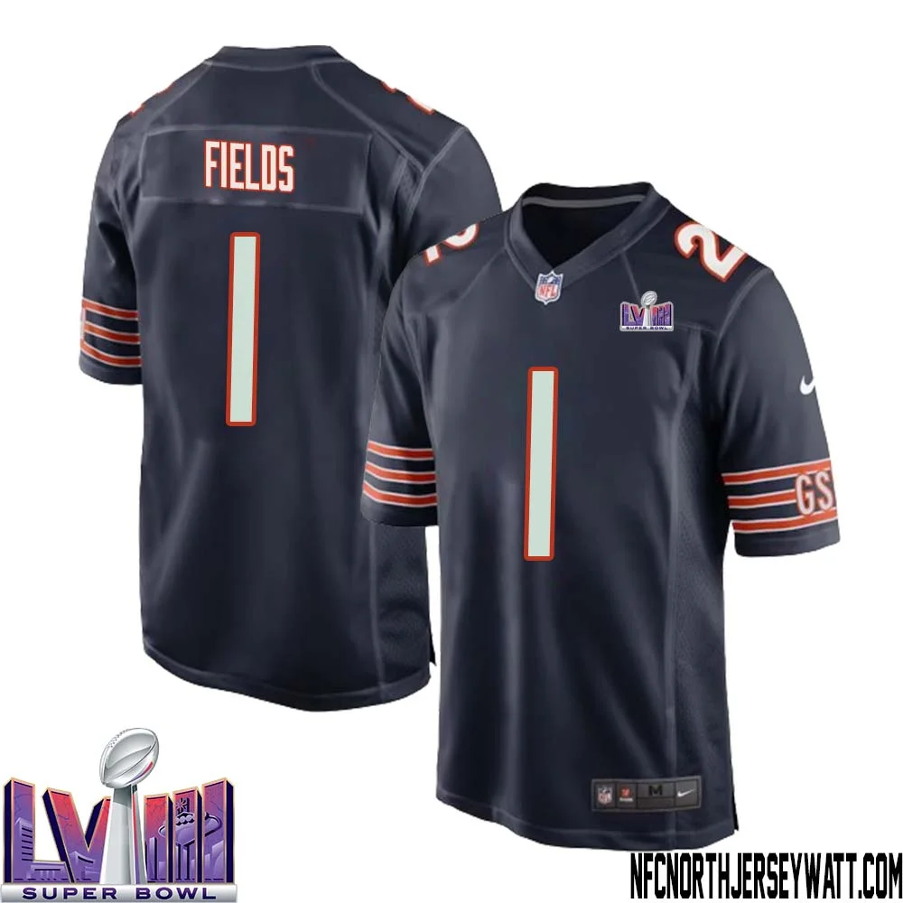 Justin Fields No 1 Chicago Bears Super Bowl LVIII Home Game Jersey Navy for Men 1