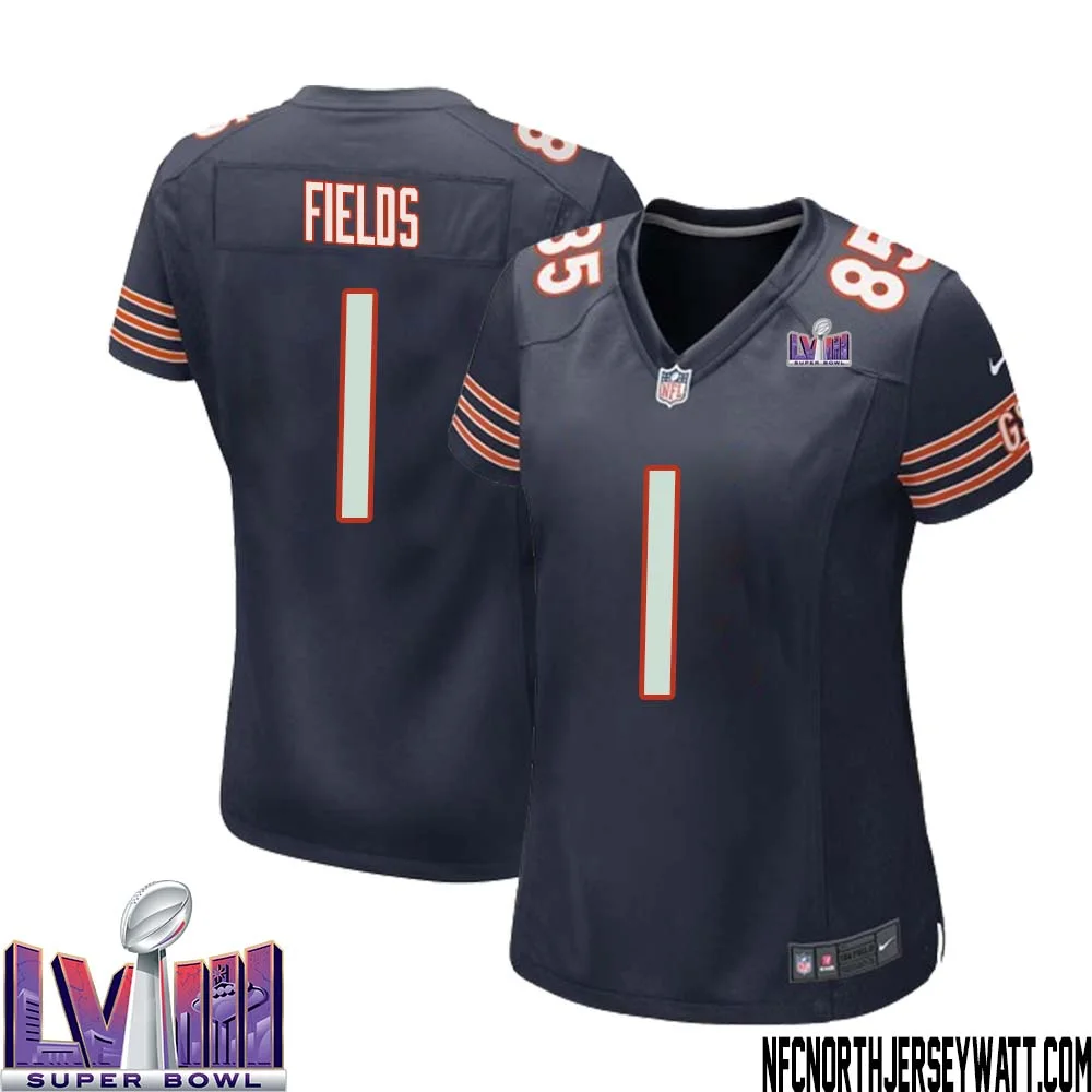 Justin Fields No 1 Chicago Bears Super Bowl LVIII Home Game Jersey Navy for Women