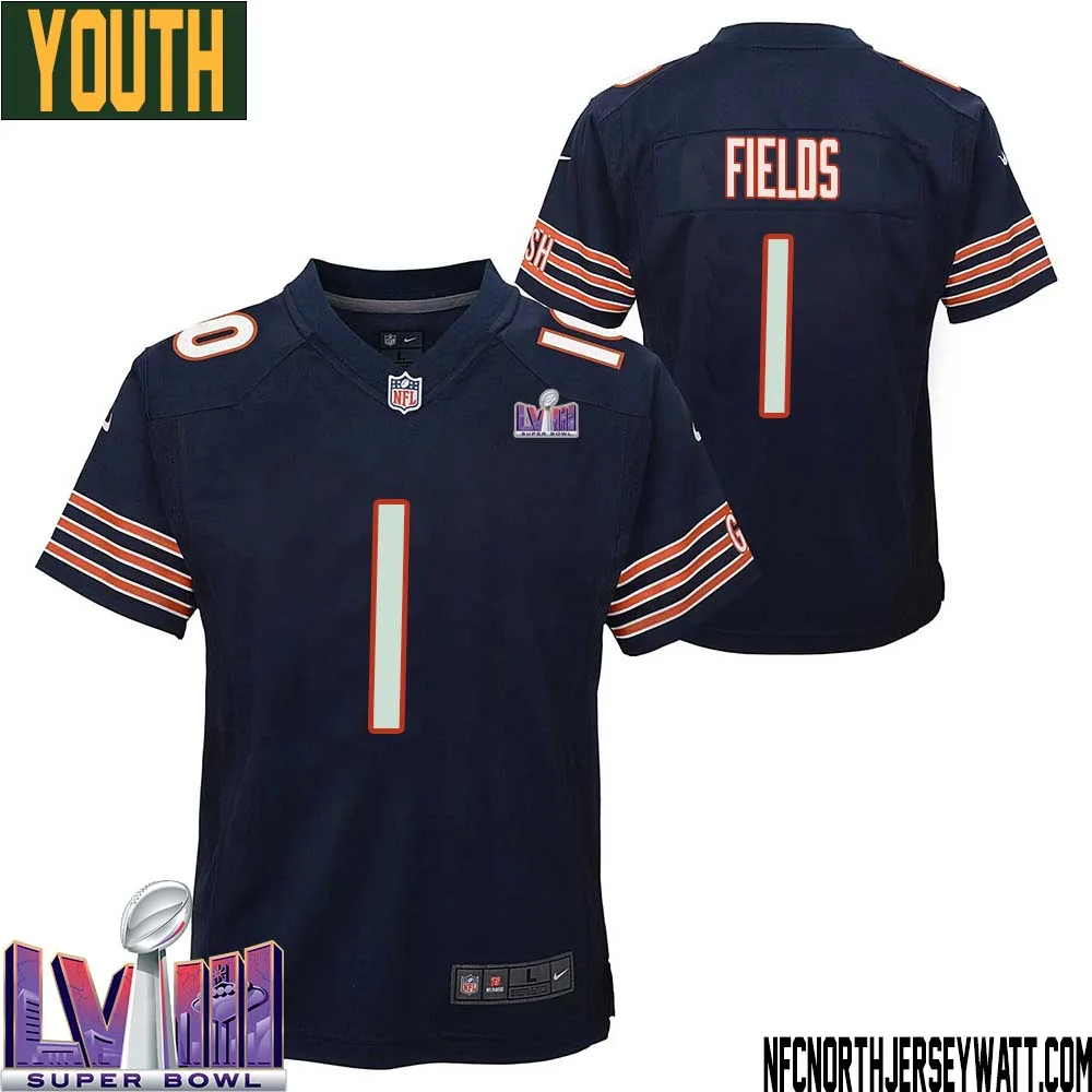 Justin Fields No 1 Chicago Bears Super Bowl LVIII Home Game Jersey Navy for Youth